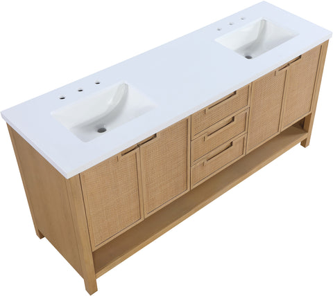 Bellamy 72" Natural Engineered Stone, Cane And Solid Wood Bathroom Vanity, 1 Piece