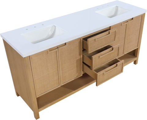 Bellamy 72" Natural Engineered Stone, Cane And Solid Wood Bathroom Vanity, 1 Piece