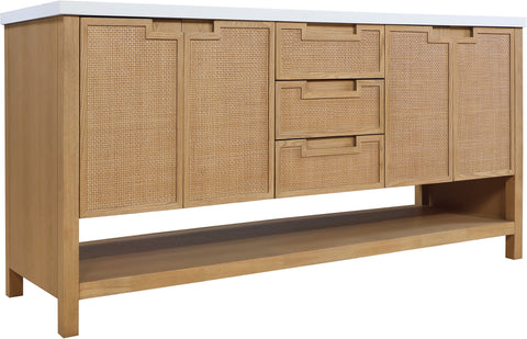 Bellamy 72" Natural Engineered Stone, Cane And Solid Wood Bathroom Vanity, 1 Piece