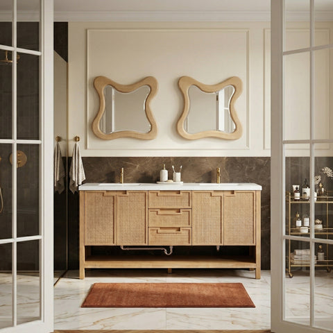 Bellamy 72" Natural Engineered Stone, Cane And Solid Wood Bathroom Vanity, 1 Piece