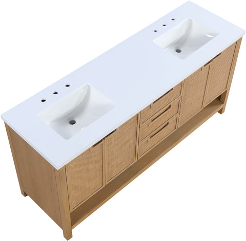 Bellamy 72" Natural Engineered Stone, Cane And Solid Wood Bathroom Vanity, 1 Piece