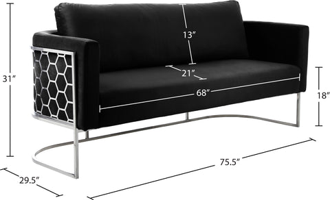 Arden 75.5" Black Velvet Upholstered Sofa, 1 Piece