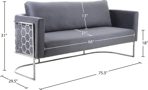 Arden 75.5" Grey Velvet Upholstered Sofa, 1 Piece