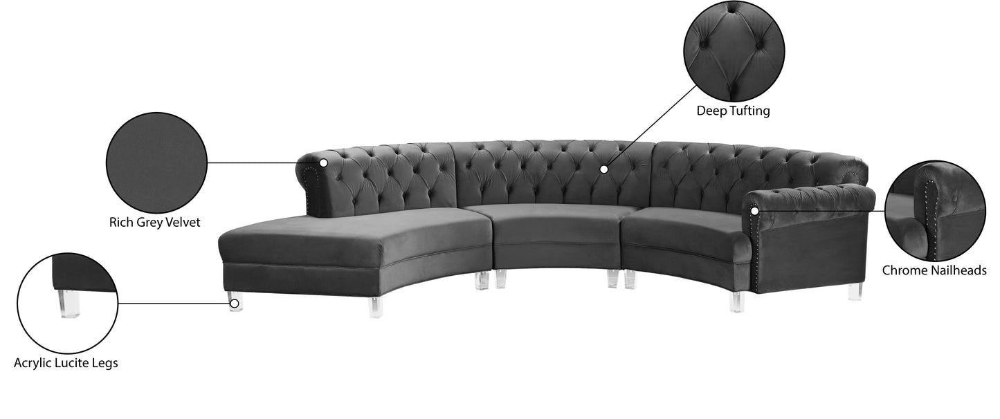 mulberry grey velvet 3pc. sectional pc