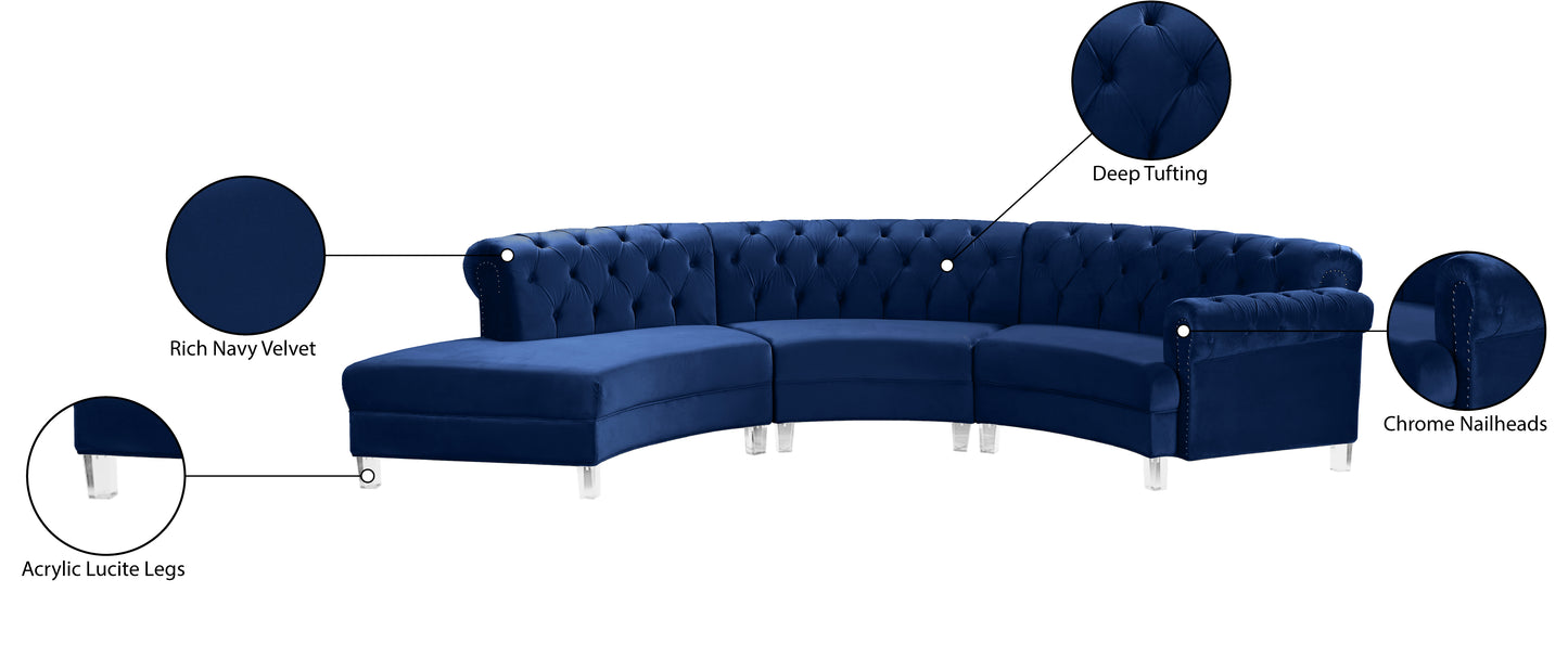 mulberry navy velvet 3pc. sectional pc