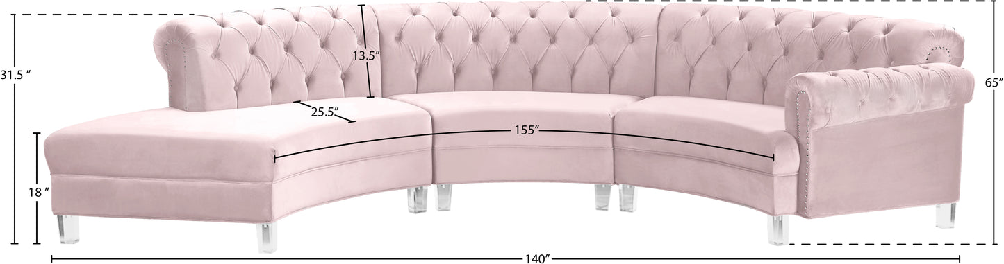 mulberry pink velvet 3pc. sectional pc