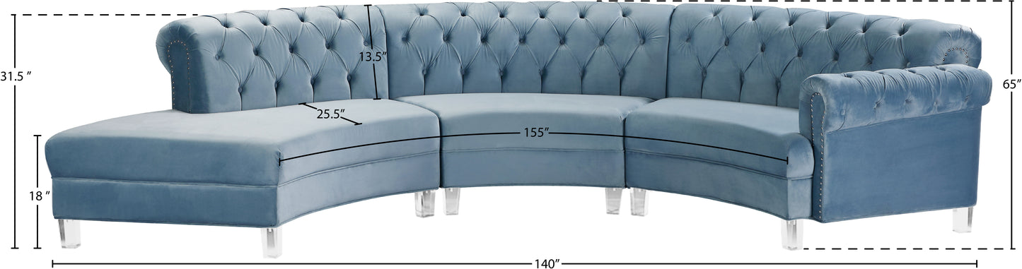 mulberry sky blue velvet 3pc. sectional pc