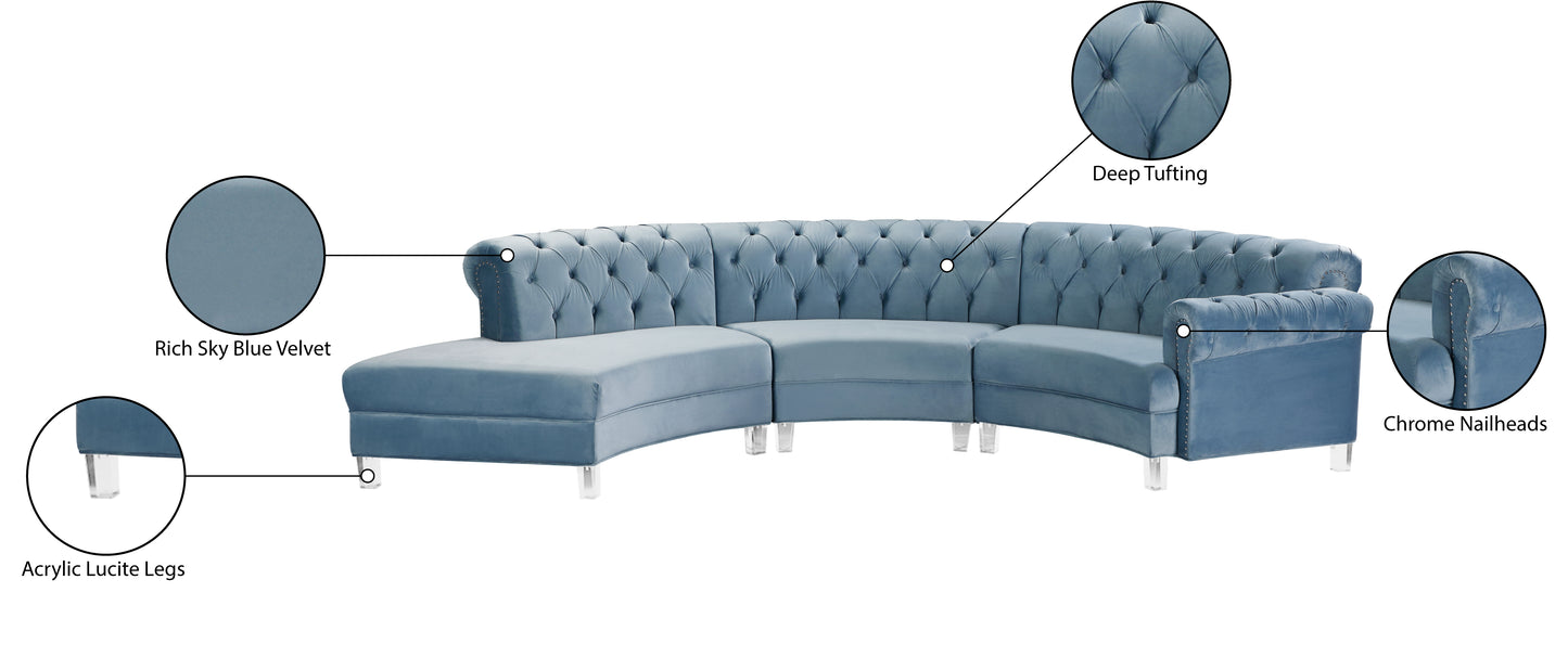 mulberry sky blue velvet 3pc. sectional pc