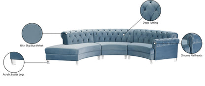 Mulberry Sky Blue Velvet 3pc. Sectional PC