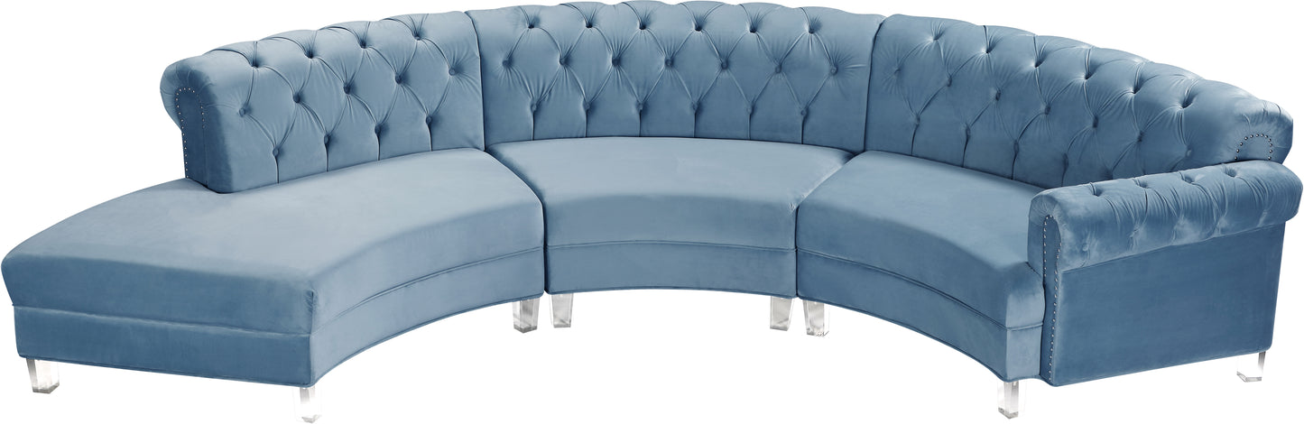 mulberry sky blue velvet 3pc. sectional pc