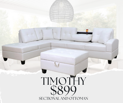 Timothy Sectional with Free Storage Ottoman in WHITE