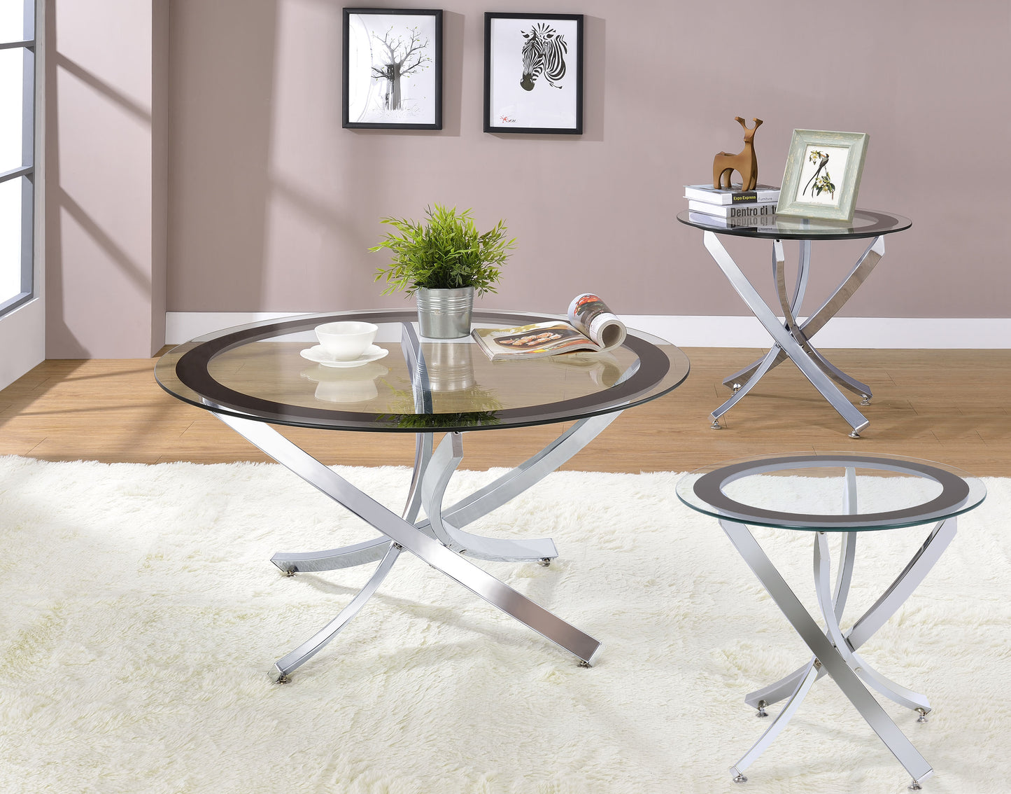cambria 3-piece round coffee and end table set chrome