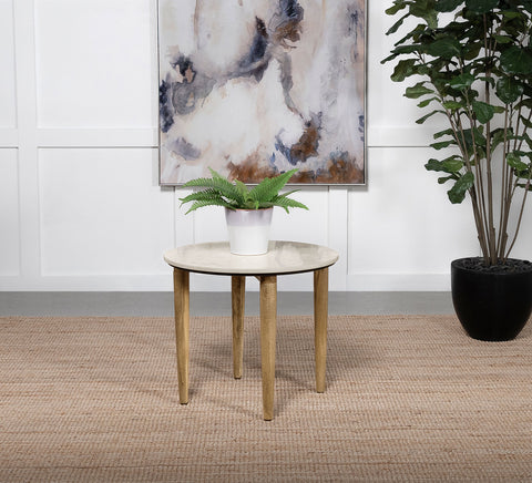 Rikkie Round Marble Top Side End Table White and NaturalWhite