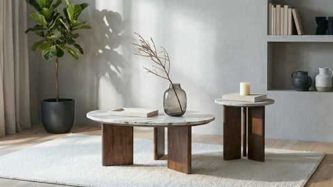 Westpark Round Marble Top Mango Wood Side End Table Brown