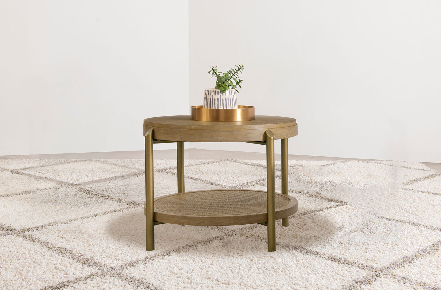 linnea round end side table with storage shelf sand wash