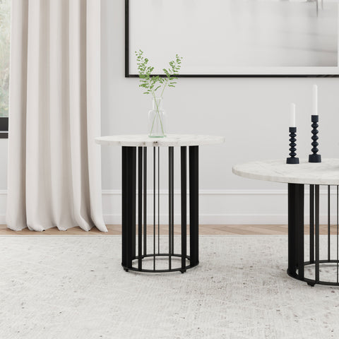 Tenya Round Genuine White Marble Top End Side Table Black