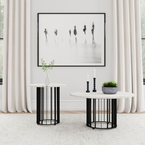 Tenya 2-piece Round Marble Coffee and End Table Set Black