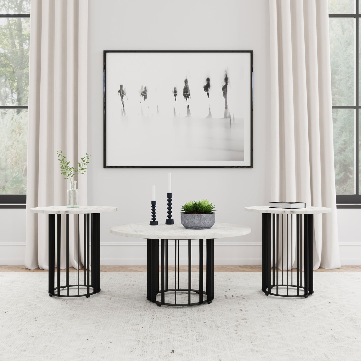 tenya 3-piece round marble coffee and end table set black