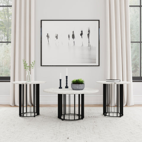 Tenya 3-piece Round Marble Coffee and End Table Set Black
