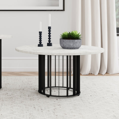 Tenya Round Genuine White Marble Top Coffee Table Black