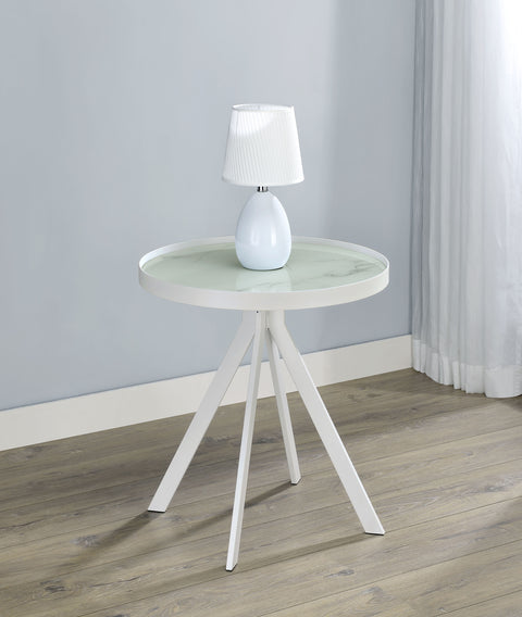 Mckay Round Marble Printed Glass Top End Side Table White