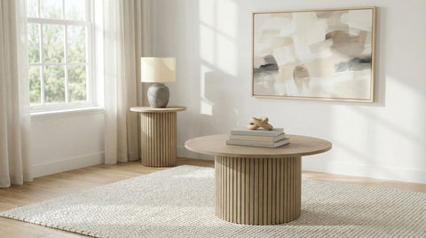 Dobrev Round Fluted Occasional Side End Table Natural Oak