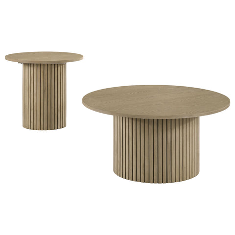 Dobrev 2-piece Round Fluted Coffee and End Table Set Natural Oak