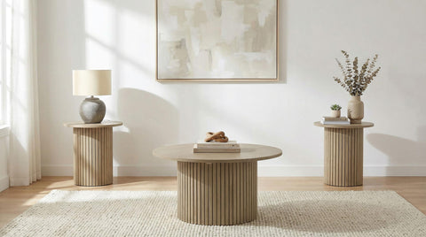 Dobrev 3-piece Round Fluted Coffee and End Table Set Natural Oak