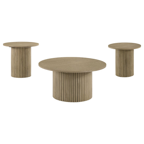 Dobrev 3-piece Round Fluted Coffee and End Table Set Natural Oak