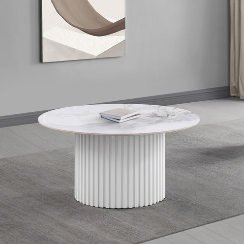 Avon Round Sintered Stone Coffee Table White Faux MarbleWhite Faux Marble