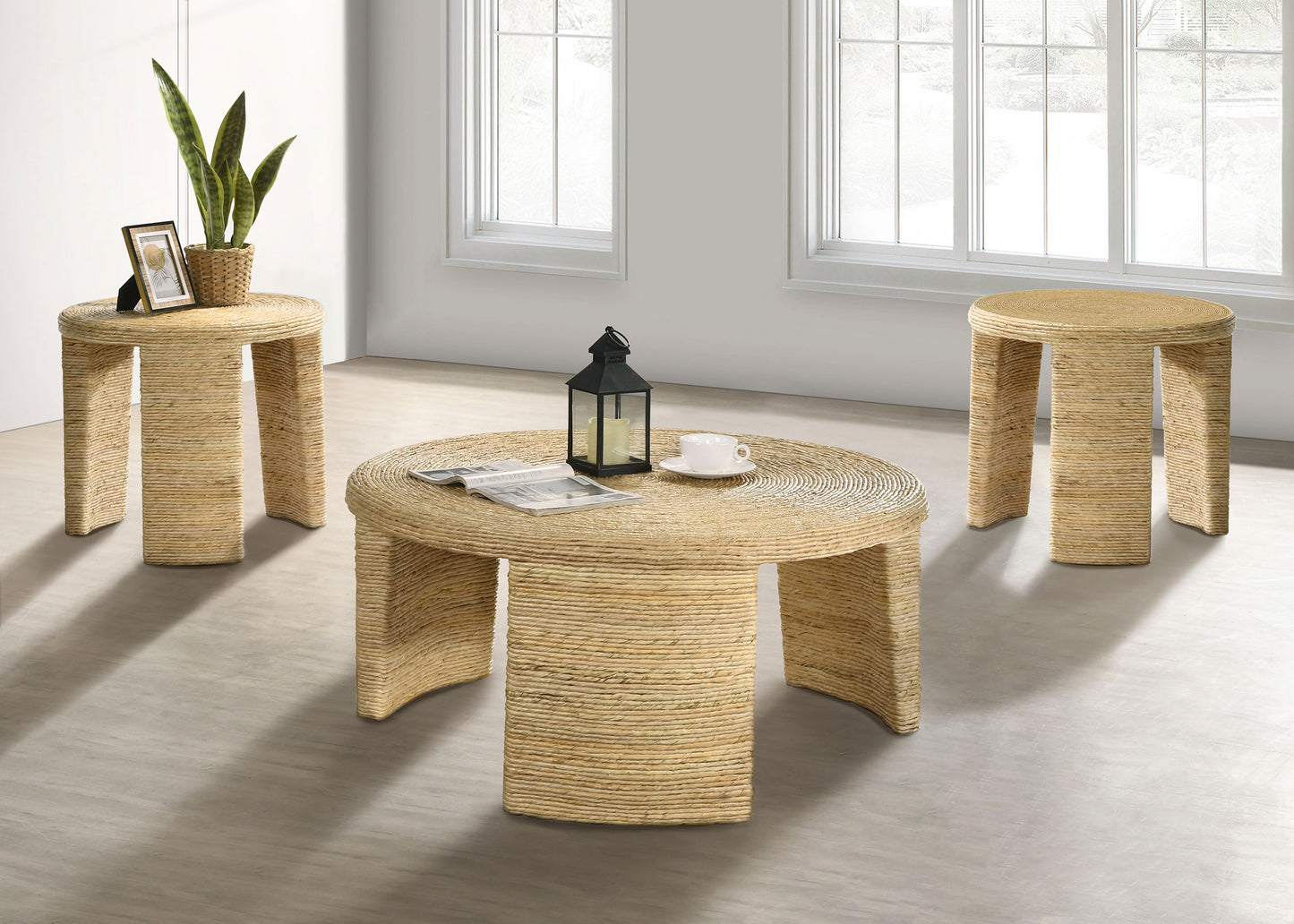 calla 3-piece rattan coffee and end table set natural