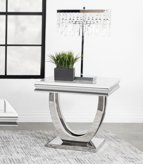 Carmelia Square Stone Top End Table White and ChromePolished Stainless Steel