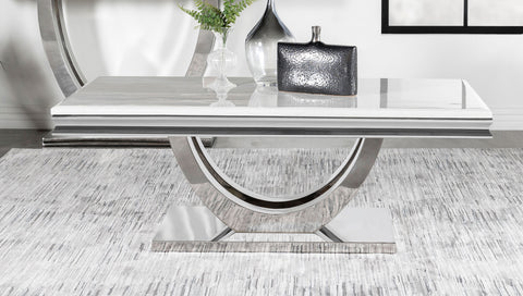 Carmelia Rectangular Stone Top Coffee Table White and ChromePolished Stainless Steel