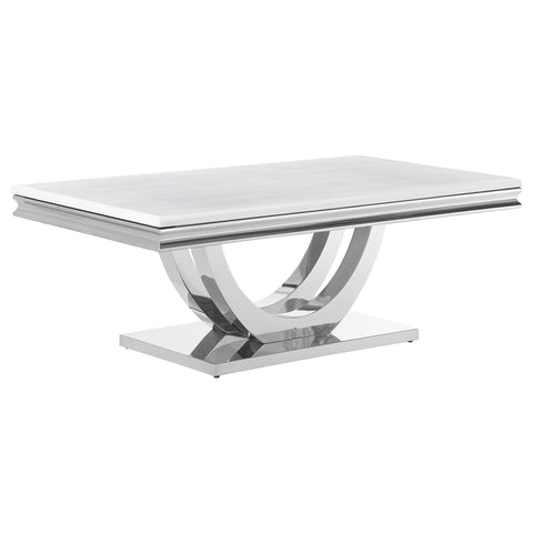 Carmelia Rectangular Stone Top Coffee Table White and ChromePolished Stainless Steel