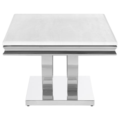 Carmelia Rectangular Stone Top Coffee Table White and ChromePolished Stainless Steel