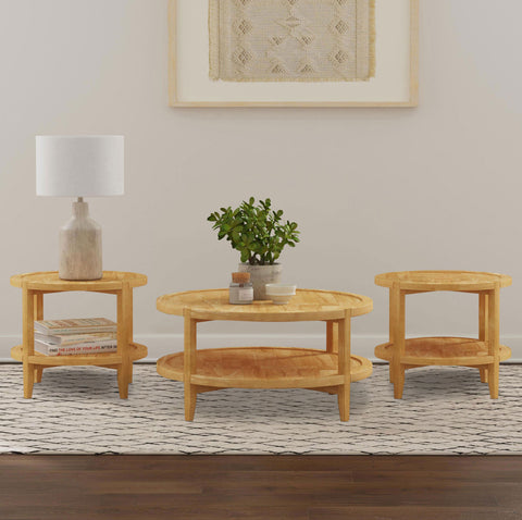 Trini 3-piece Round Coffee and End Table Set Maple