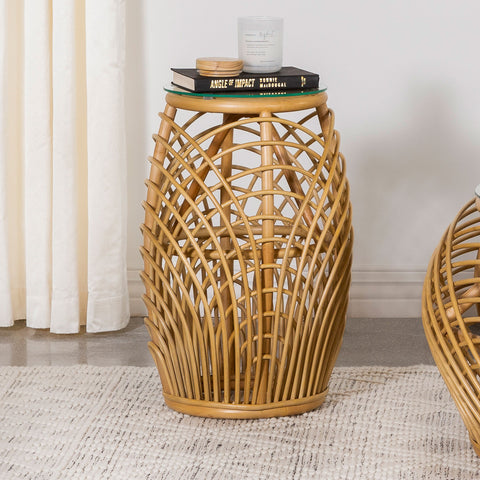 Saanvi Round Glass Top Woven Rattan End Table NaturalNatural