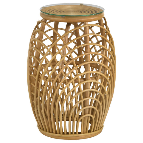 Saanvi Round Glass Top Woven Rattan End Table NaturalNatural