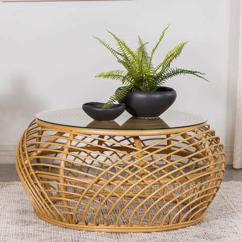 Saanvi Round Glass Top Woven Rattan Coffee Table NaturalNatural