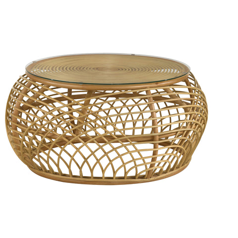 Saanvi Round Glass Top Woven Rattan Coffee Table NaturalNatural