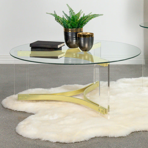 Halston Round Glass Top Acrylic Leg Coffee Table Matte BrassClear