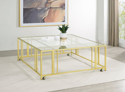 Evanna Square Glass Top Coffee Table with Casters Matte BrassMatte Brass