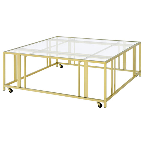 Evanna Square Glass Top Coffee Table with Casters Matte BrassMatte Brass