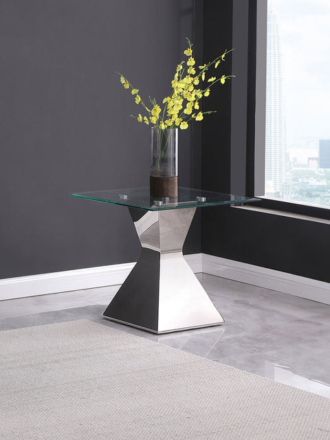 Zander Glass Top Stainless Steel Side End Table ChromePolished Stainless Steel