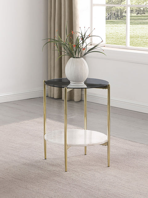 Welsh Round Glass Top End Table White Marble Shelf GoldSmoke