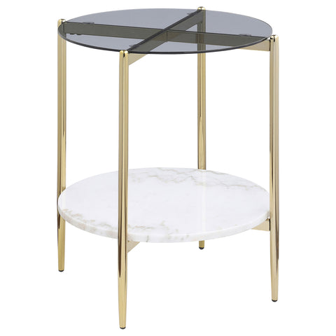 Welsh Round Glass Top End Table White Marble Shelf GoldSmoke
