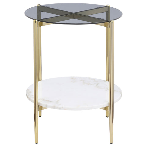 Welsh Round Glass Top End Table White Marble Shelf GoldSmoke