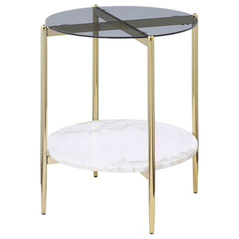 Welsh Round Glass Top End Table White Marble Shelf GoldSmoke