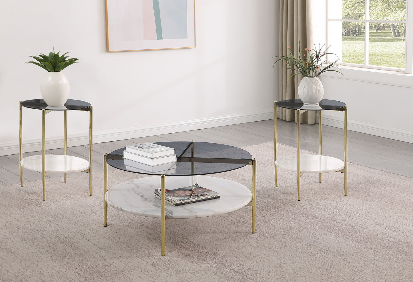 barlow 3-piece round coffee and end table set gold