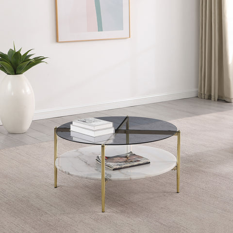 Welsh Round Glass Top Coffee Table White Marble Shelf GoldSmoke